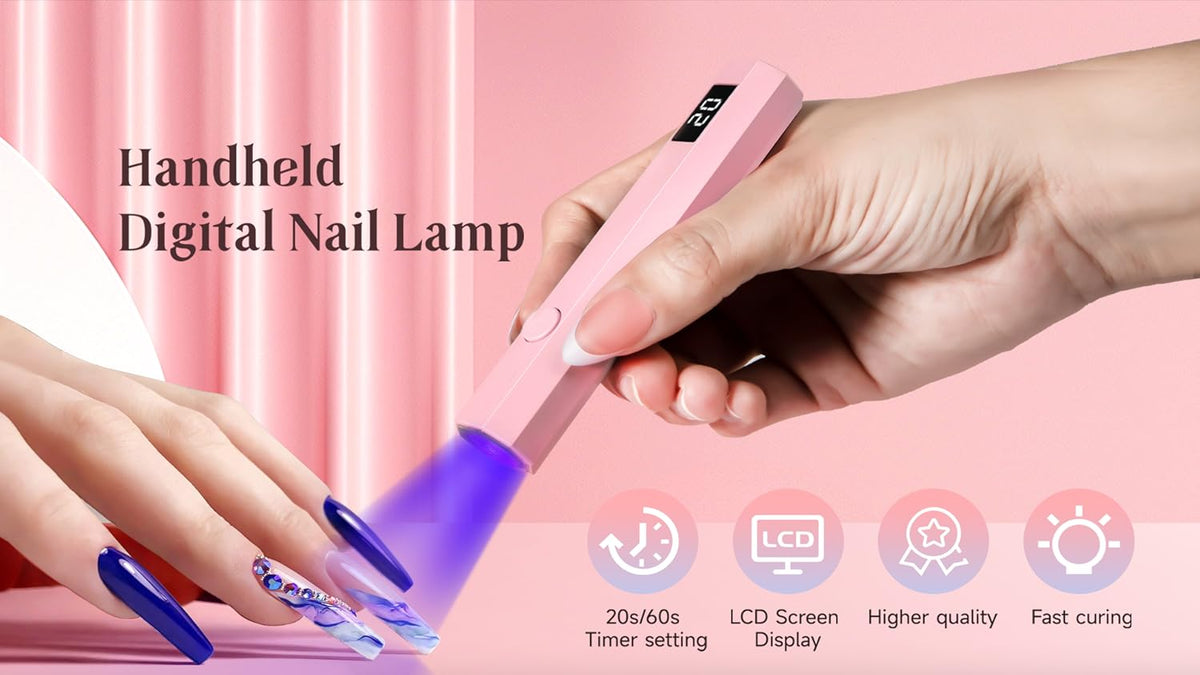 Full packaging view of the Mlogiroa handheld gel nail light with included USB-C charging cable.