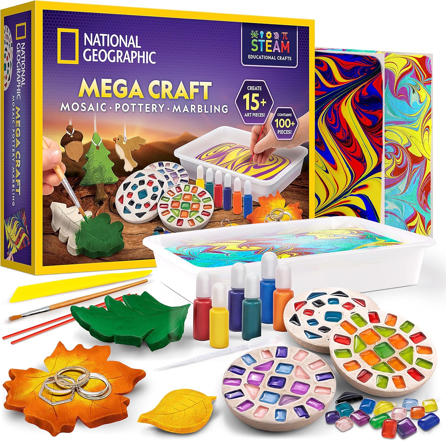 Blue Marble National Geographic Mega Arts and Crafts Kit authentic yellow box front view showing multiple completed projects.