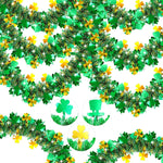 PIONJOY St Patrick's Day Tinsel Garland front view showcasing green and gold metallic finish.