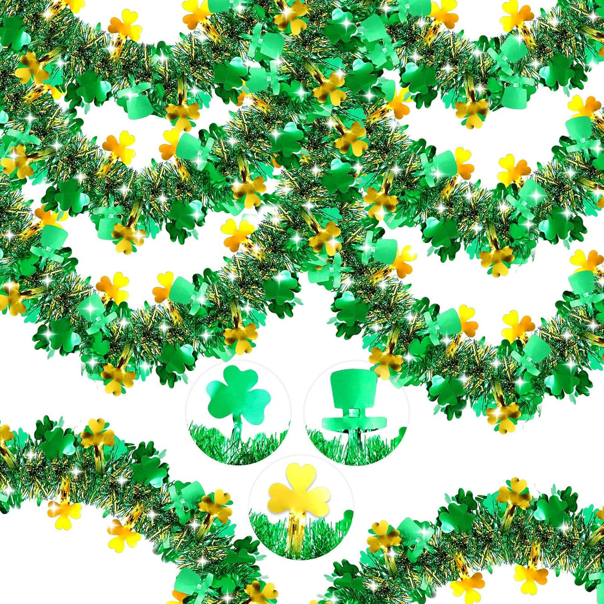 PIONJOY St Patrick's Day Tinsel Garland front view showcasing green and gold metallic finish.