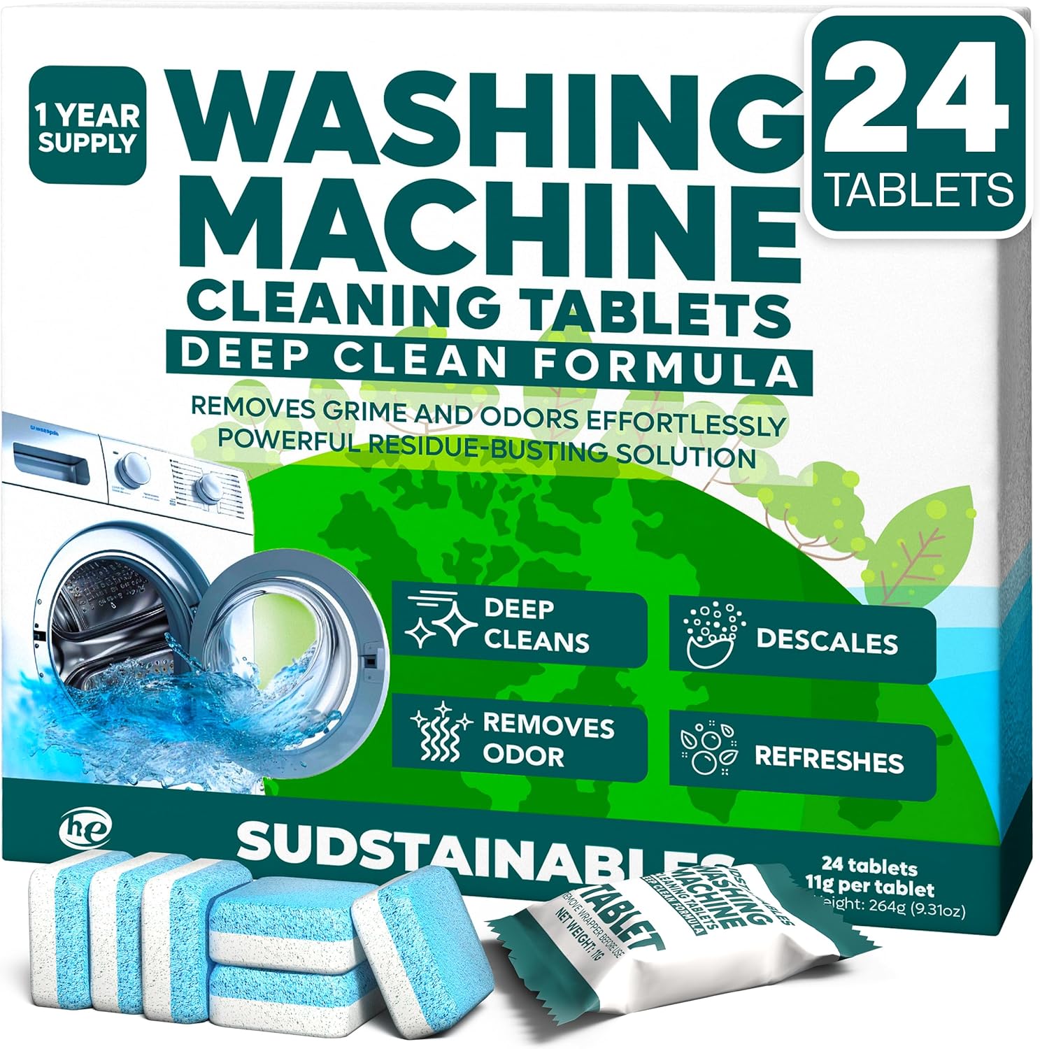 Sudstainables Washing Machine Cleaner Tablets front view of 24 pack box.