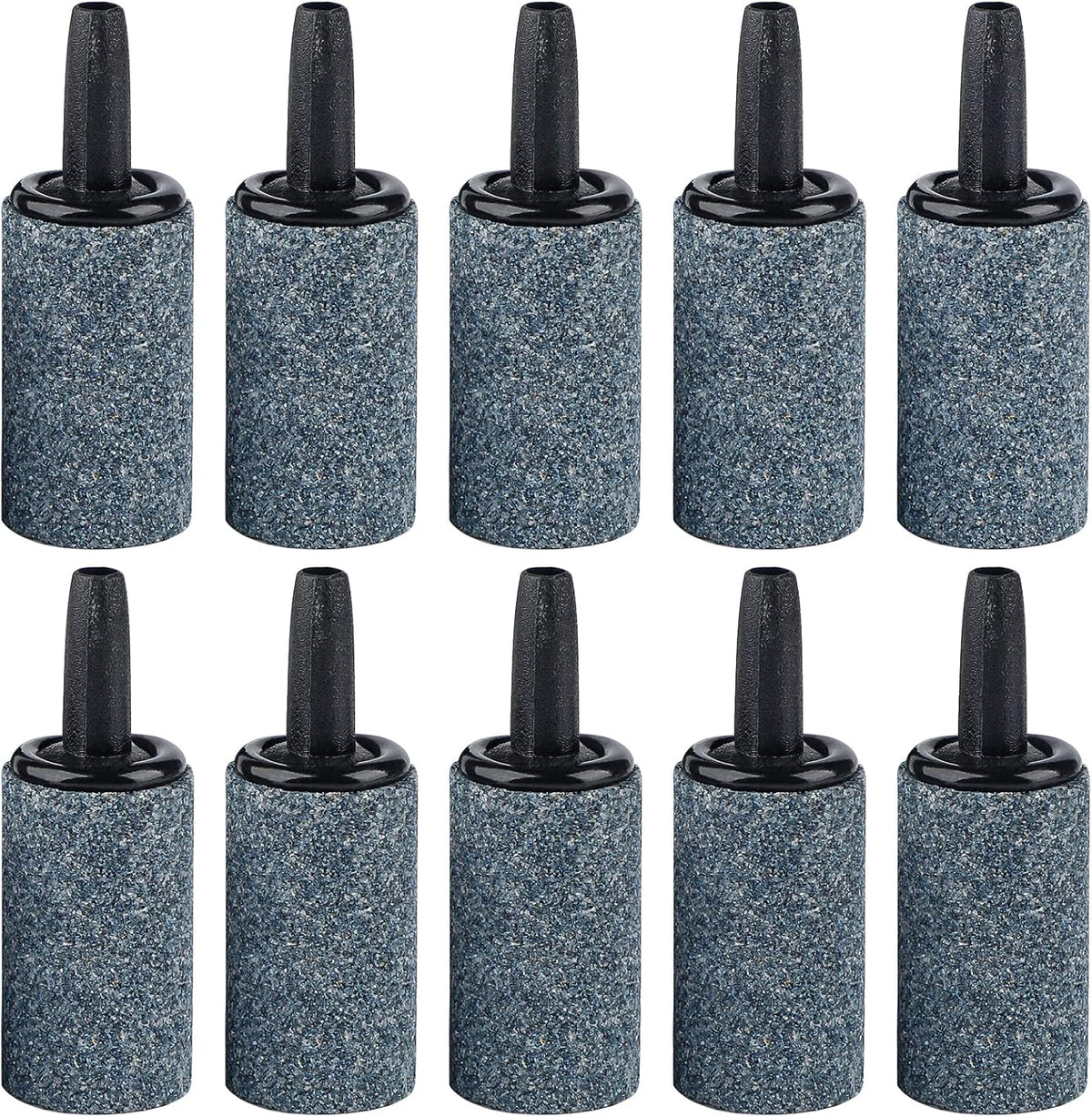 Pawfly aquarium air stone 1 inch 10 pack front view showing grey cylindrical bubble diffusers for fish tanks