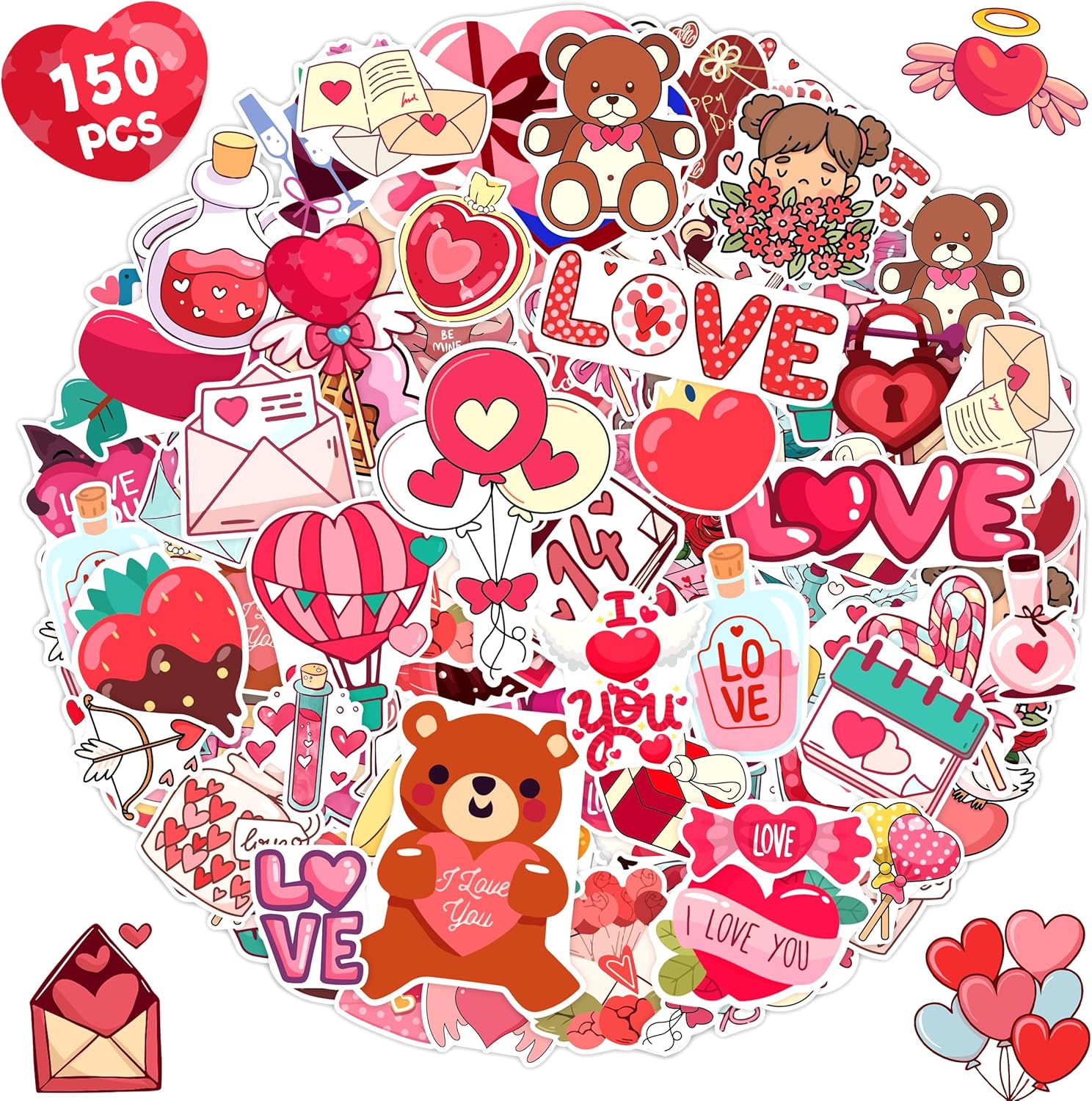 LINAYE 150 Pieces Valentine's Day Stickers front view showing various heart and teddy bear designs for kids crafts.