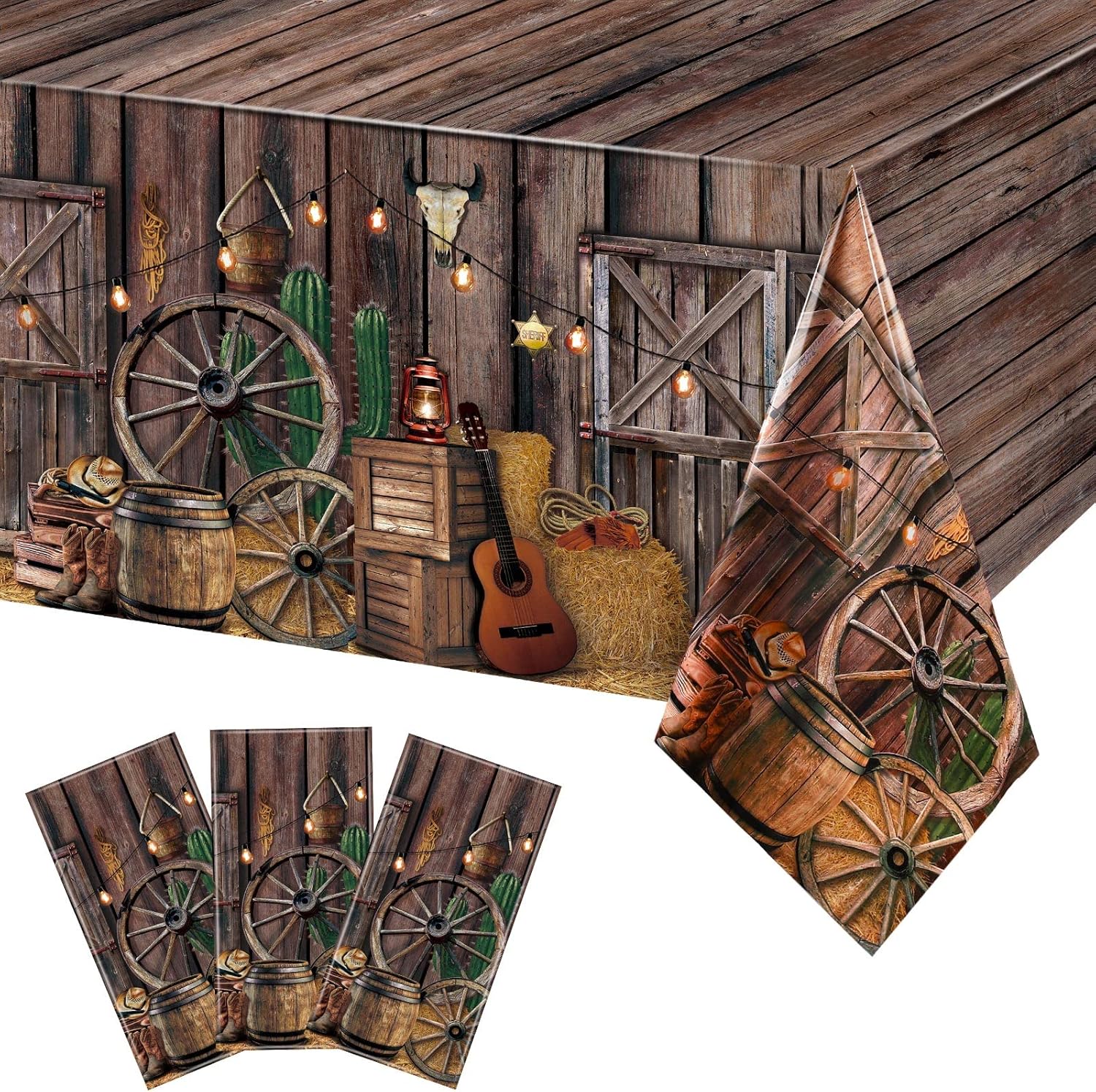 Tiamon Western Cowboy Party Tablecloth pack of three front view on table