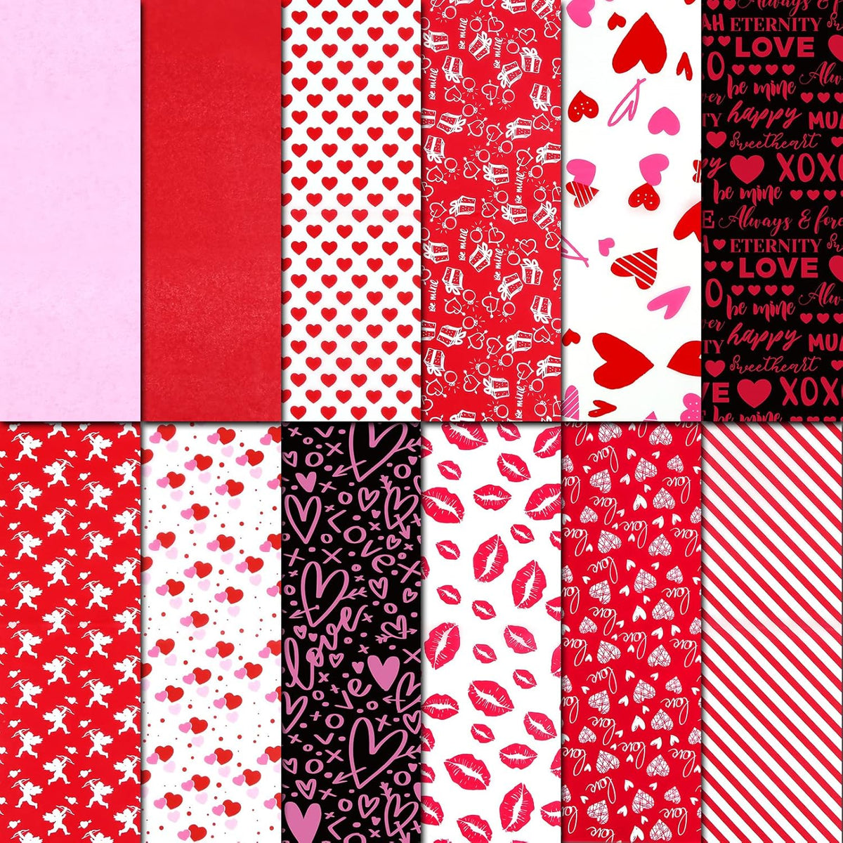 Piklodo Valentines Day tissue paper front view displaying vibrant red and pink heart designs.