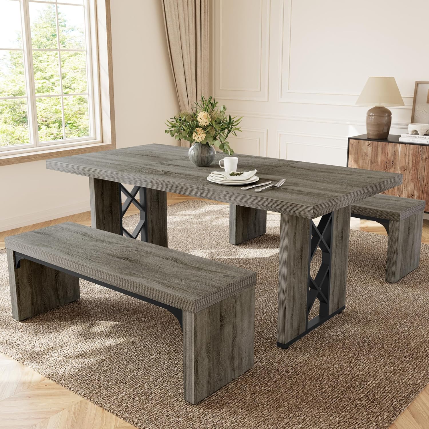 HIPIHOM 3-piece dining table set front view in grey for contemporary dining room design