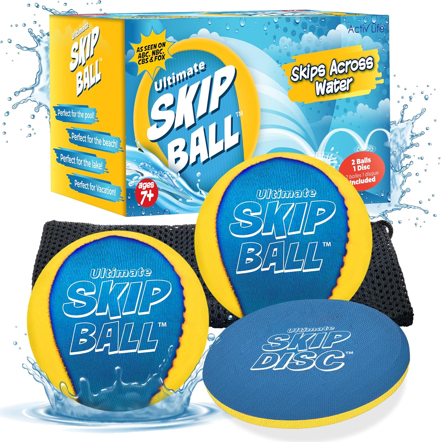 Activ Life Ultimate Skip Ball front view showing the yellow and cyan water bouncing balls