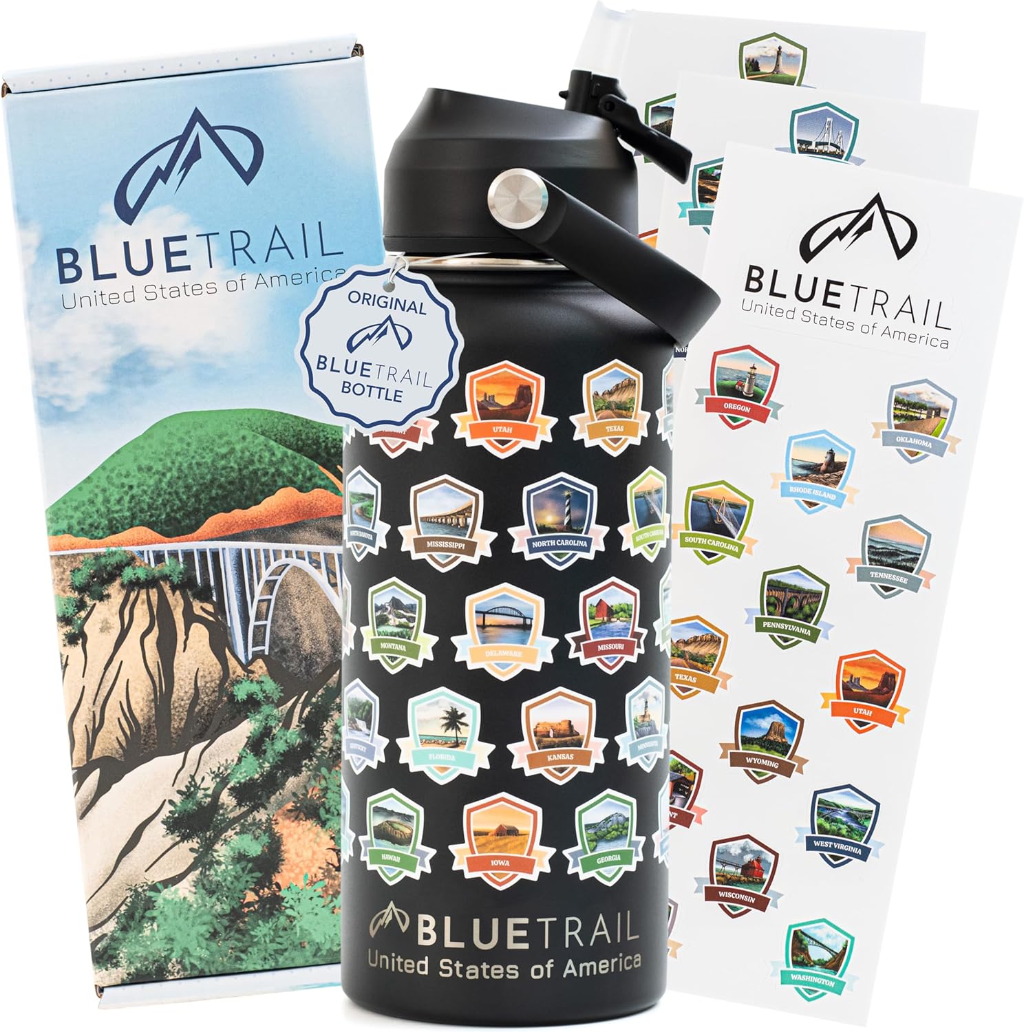 BlueTrail 50 States water bottle front view featuring laser engraving