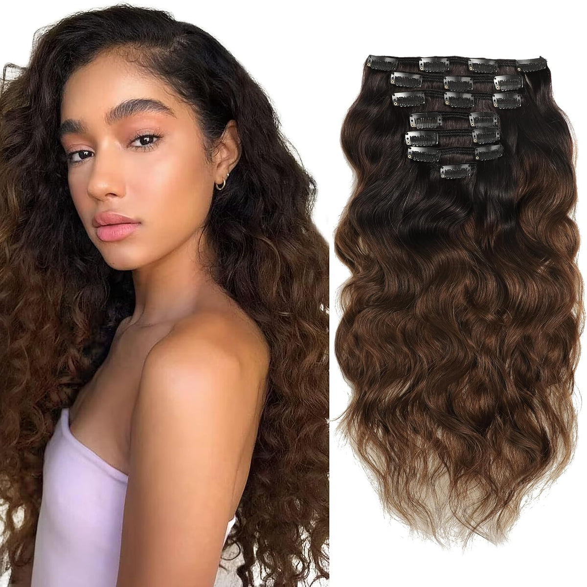 Caliee Natural Wave Curly Clip in Extensions Human Hair 14 Inch | Piano Blend Rich Dark Brown and Strawberry Blonde Real Human Hair Extensions in 120g - Image 11