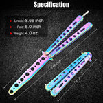 Morden Ms butterfly knife trainer showing rainbow stainless steel finish.