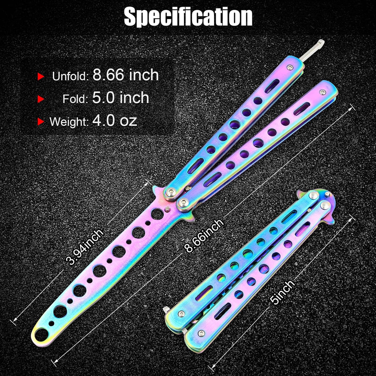 Morden Ms butterfly knife trainer showing rainbow stainless steel finish.