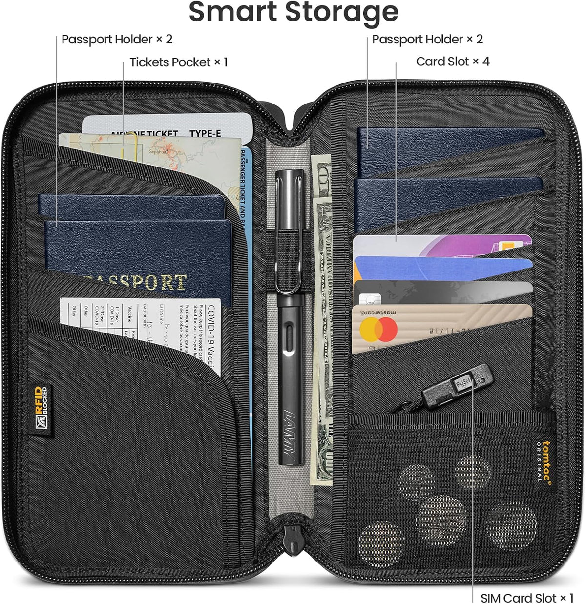 Tomtoc passport wallet showing passport slots and card holders