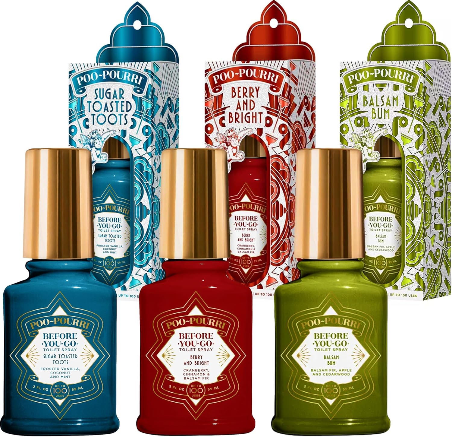 Poo-Pourri Holiday Pack Gift Set front view of three 2 Ounce bottles in festive packaging