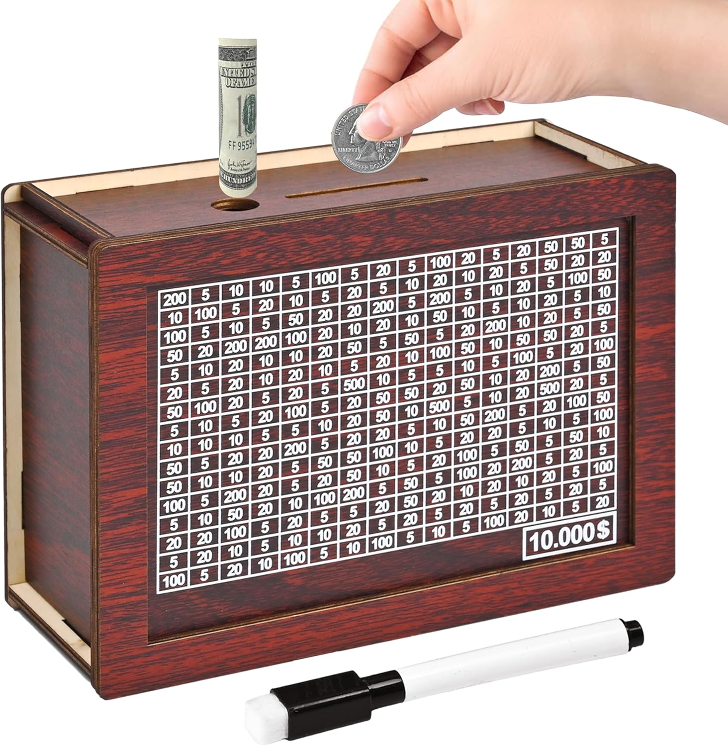 Krlladetiy 10000 savings challenge box front view showing coffee brown wood finish and clear tracking numbers