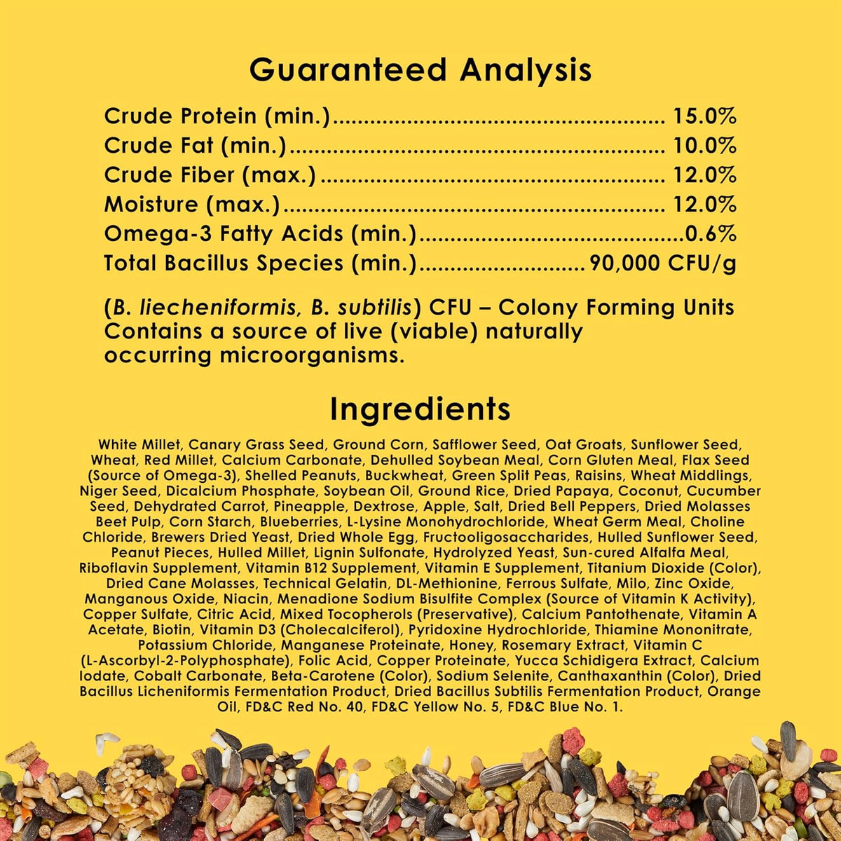 Healthy foraging blend for pet birds showcasing vitamins and omega-3 ingredients.