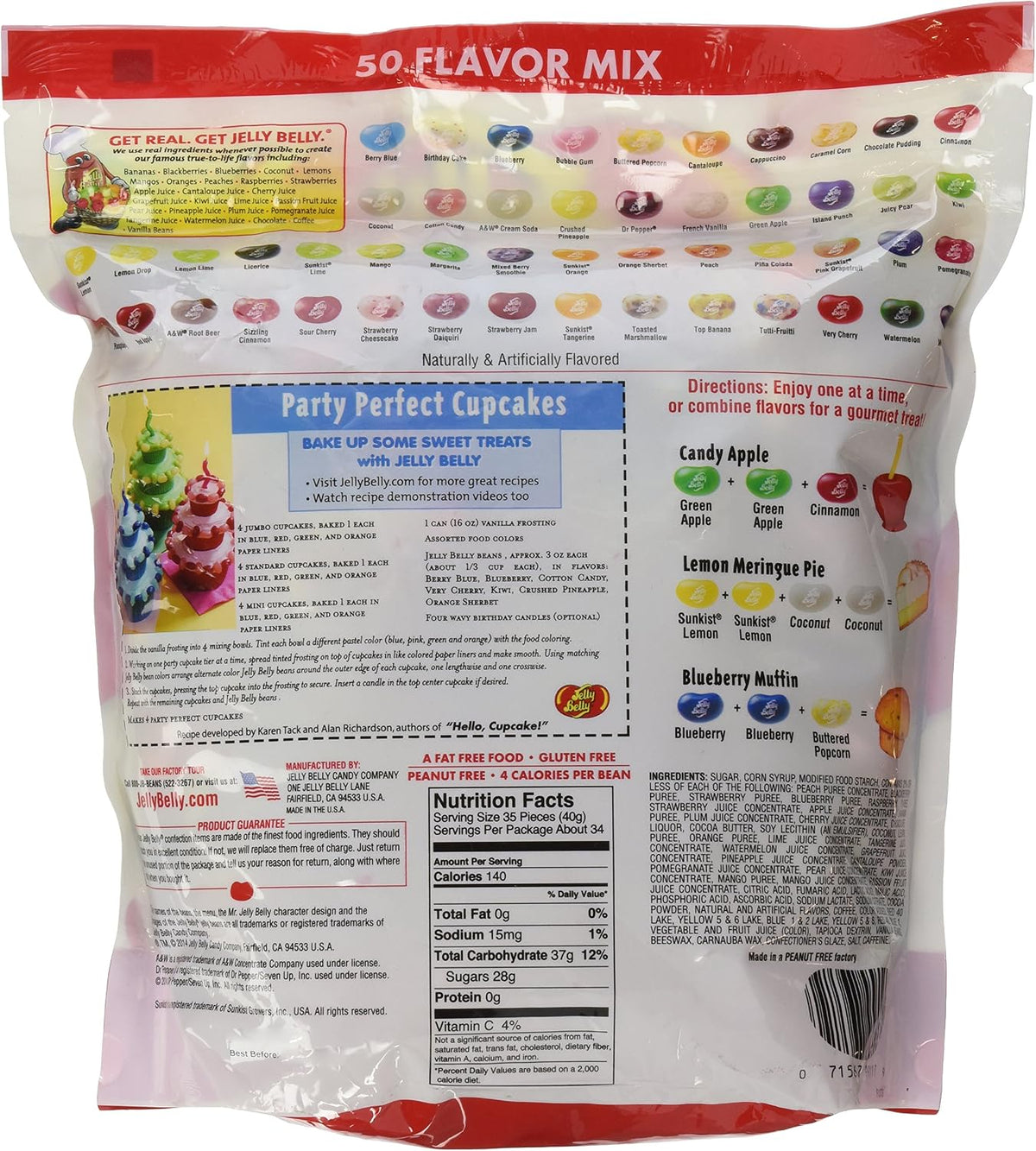 Back view of the Jelly Belly bulk candy bag highlighting the nutritional facts and ingredients list.
