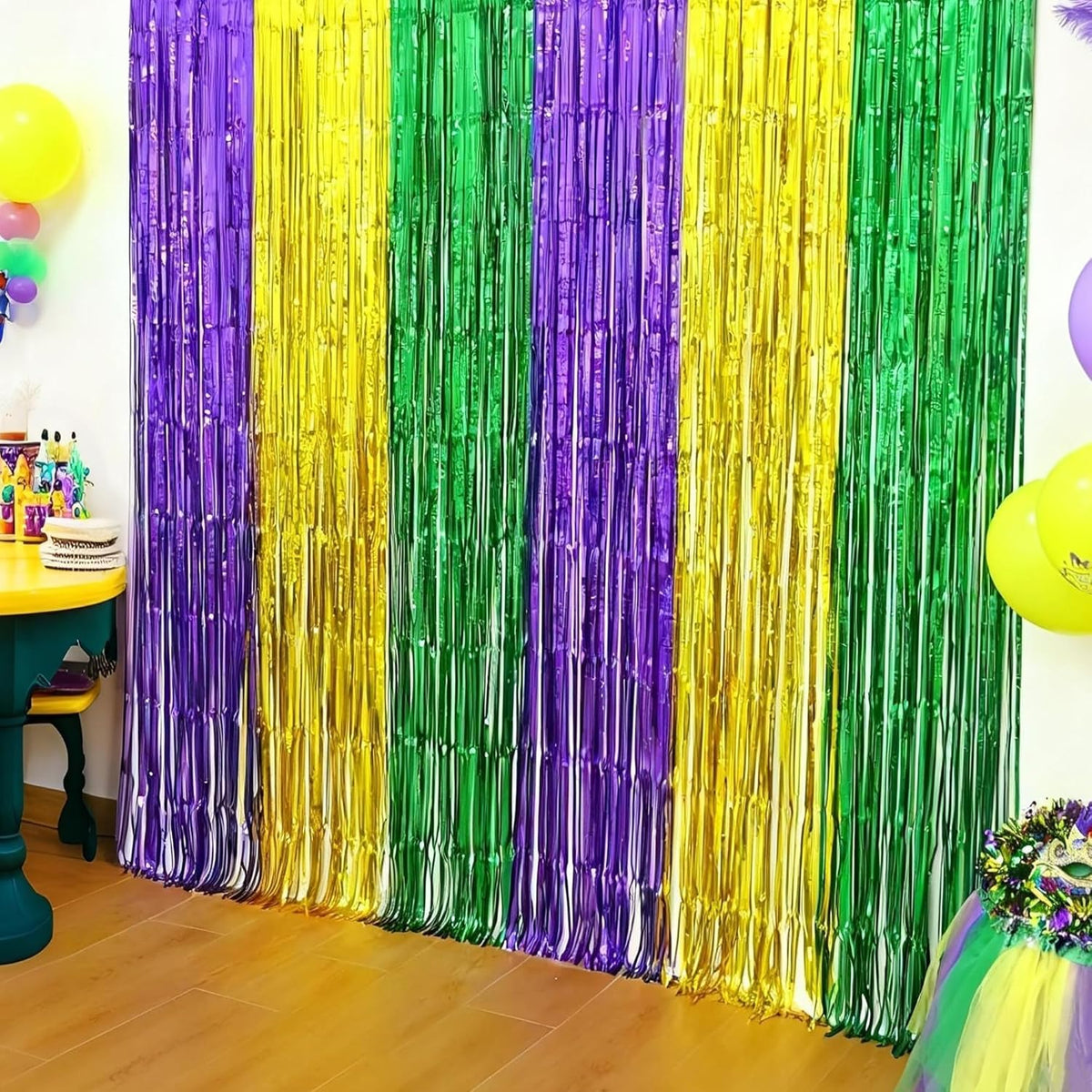 OHOME Mardi Gras Streamers Backdrop front view showing purple gold green metallic foil fringe curtains.