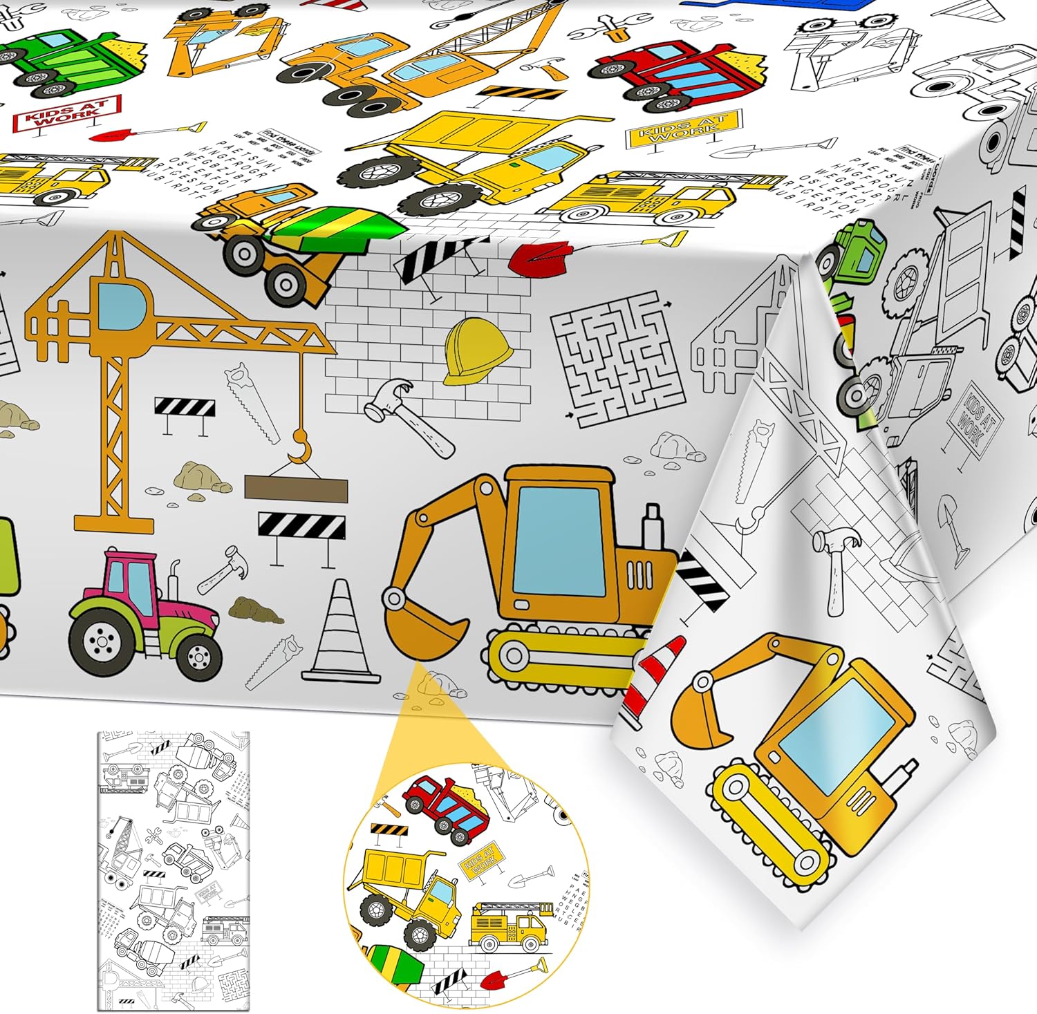 PartyGarden Giant Construction Party Coloring Tablecloth front view showing pre printed dump truck designs