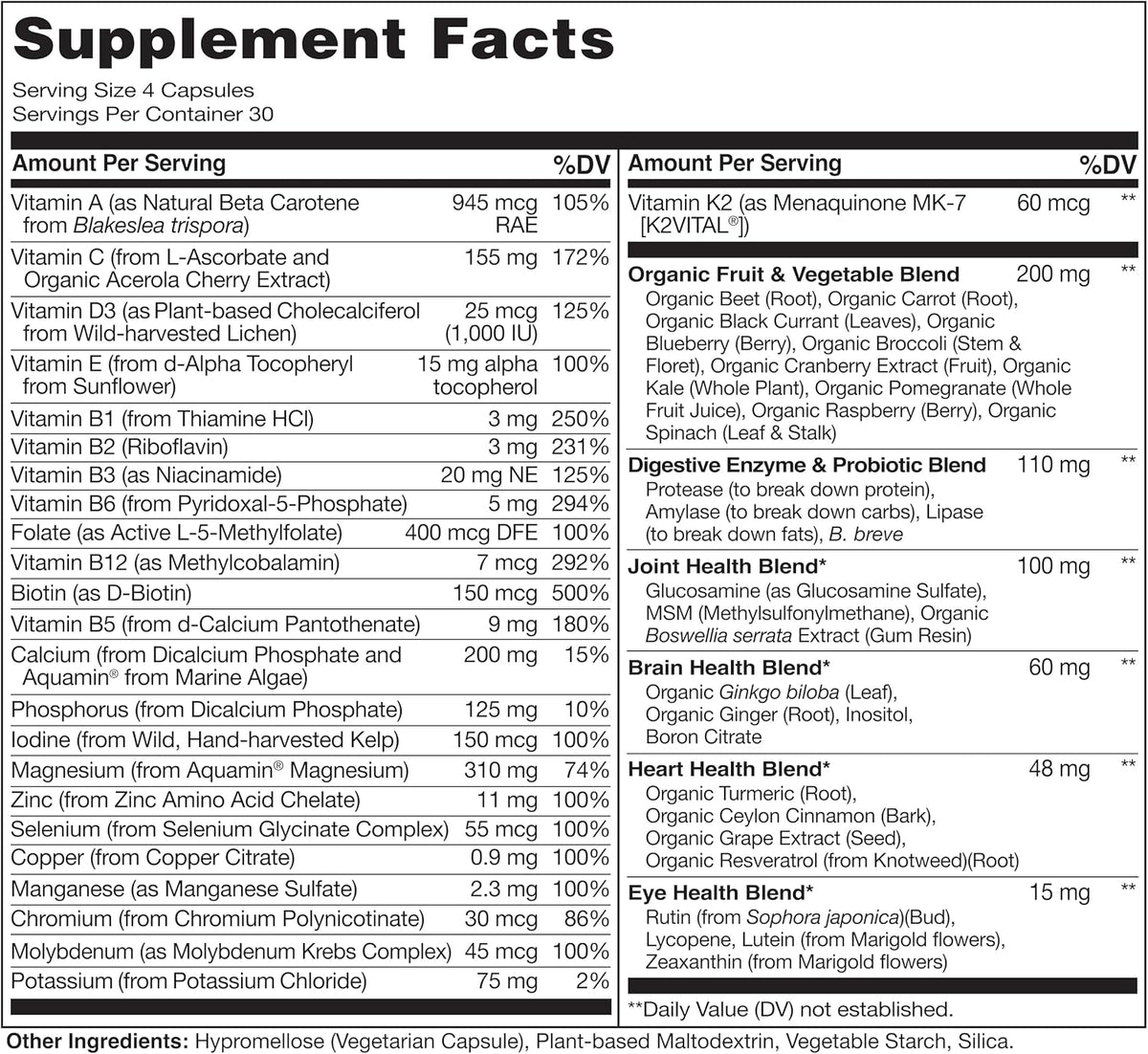 Naturelo vegan multivitamin ingredients and supplement facts panel