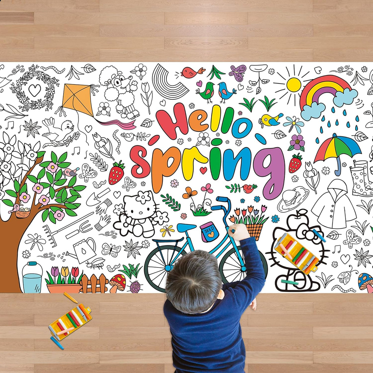 JXSDWANG Spring Giant Coloring Tablecloth for children showing spring theme designs.