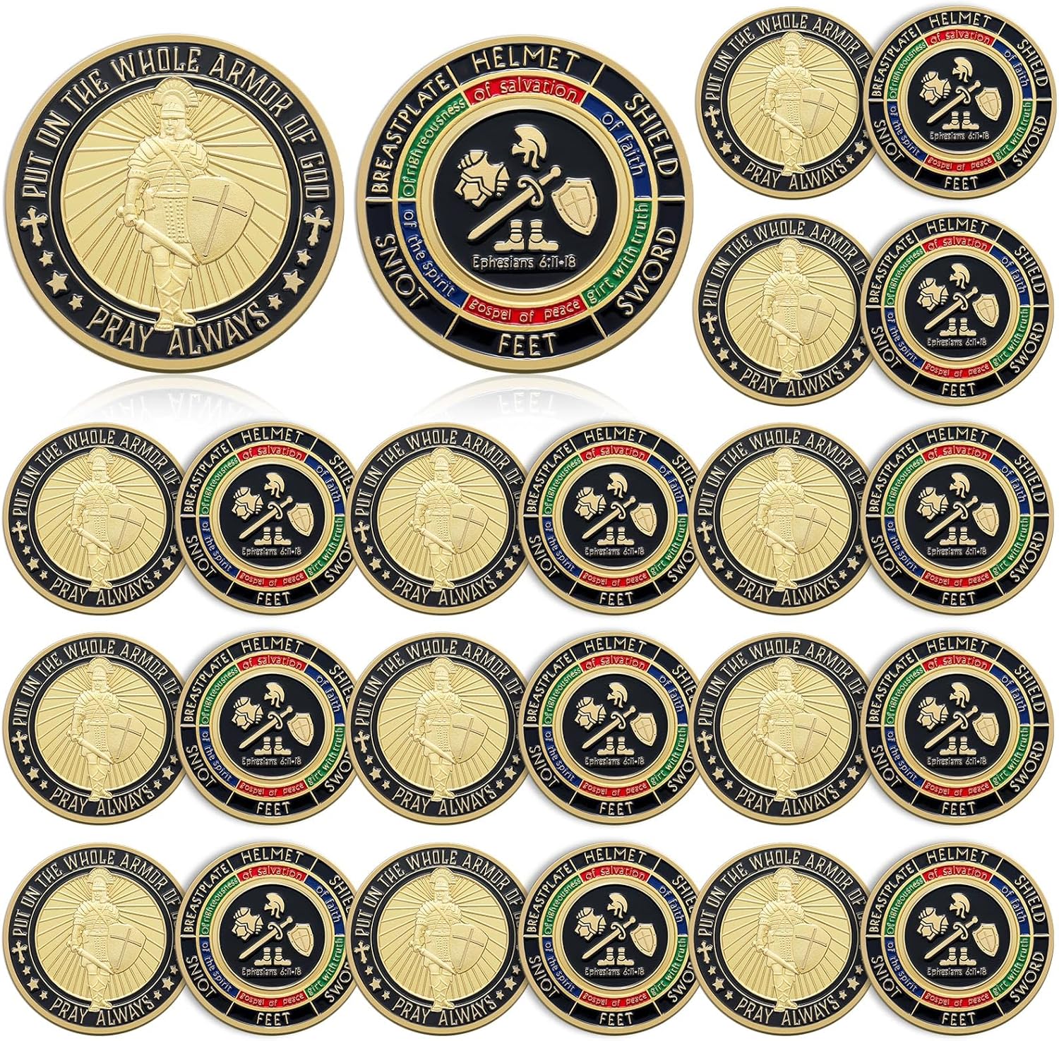 Nosiny Armor of God Coins twenty piece pack front view showcasing detailed Christian scriptural engravings.