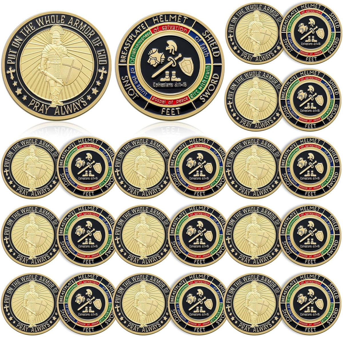 Nosiny Armor of God Coins twenty piece pack front view showcasing detailed Christian scriptural engravings.