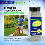 Smelleze natural pet urine deodorizer granules sprinkled on green lawn grass