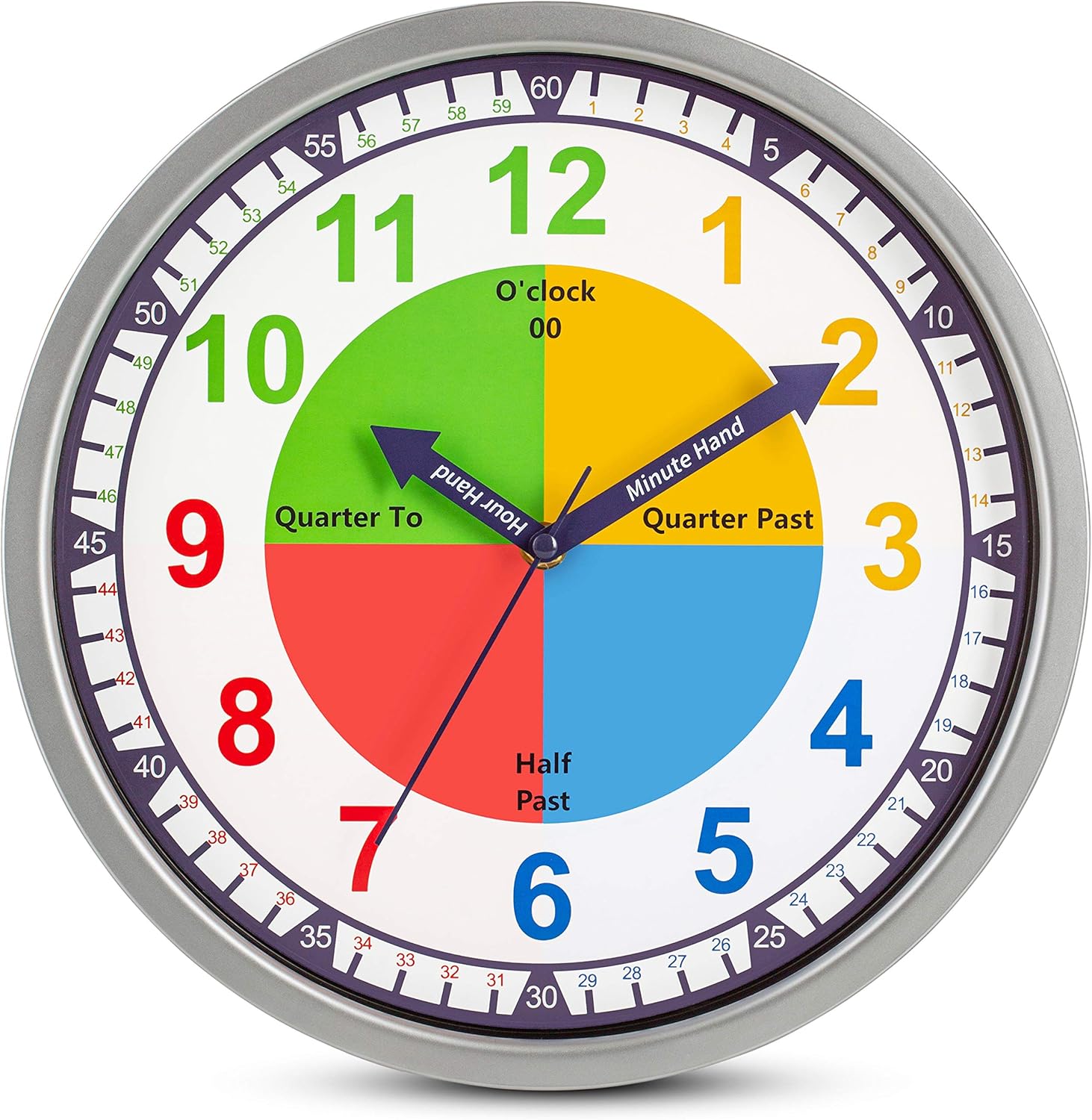 Bernhard Products colorful kids wall clock front view displaying educational numbered dial face.