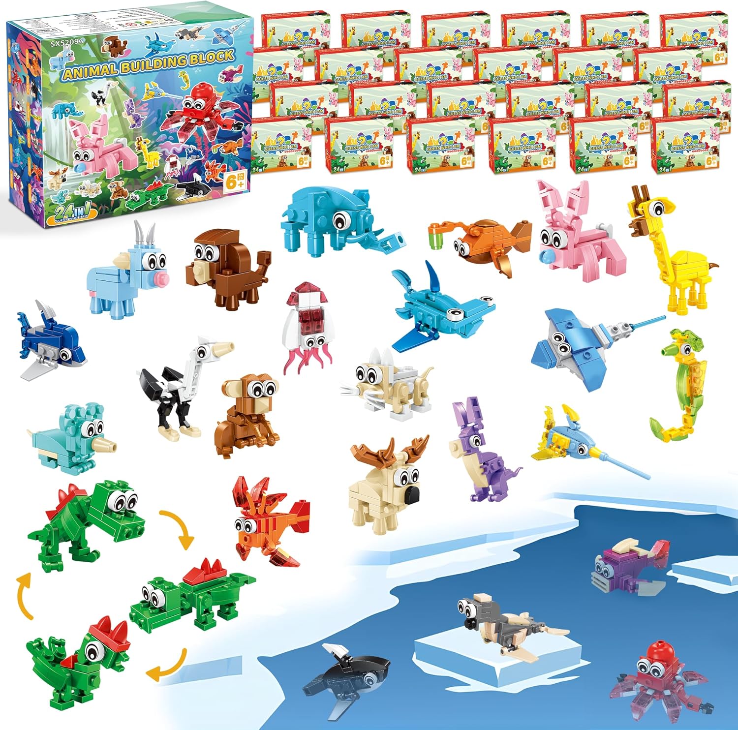 Nomisurit animal building block toy front view of twenty four pack retail packaging.