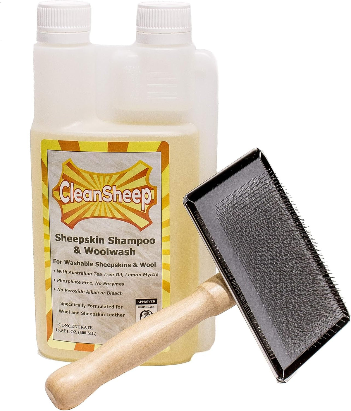 CleanSheep sheepskin cleaning kit including brush and shampoo bottle front view