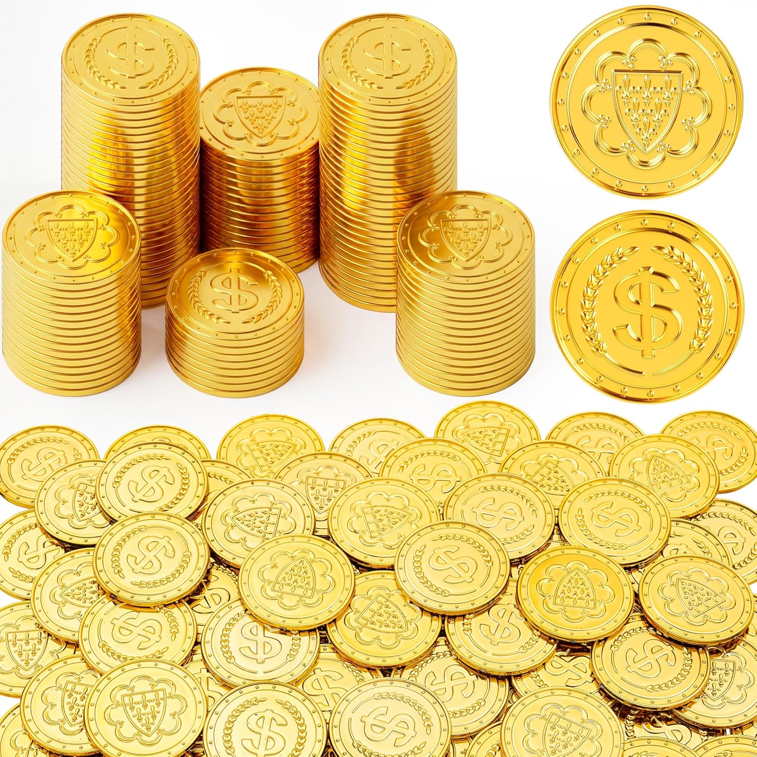 JOYIN fake gold plastic coins front view showing a pile of shiny party favors