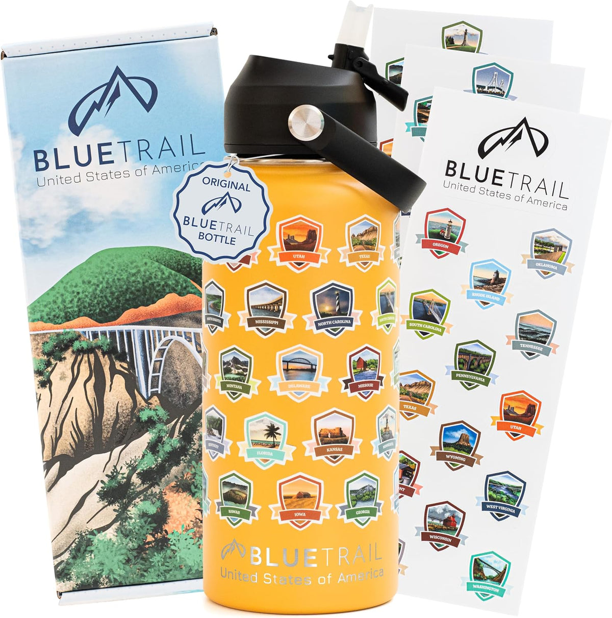 BlueTrail 50 States Water Bottle with Stickers - 32 oz Insulated Stainless Steel, Upgraded Leak-Proof Lid, UV & Waterproof Permanent Stickers, Laser Engraved 50 States of the USA (Black) - Image 11
