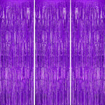 DECOCKRAT purple foil fringe backdrop curtain package front view showcasing three tinsel panels.