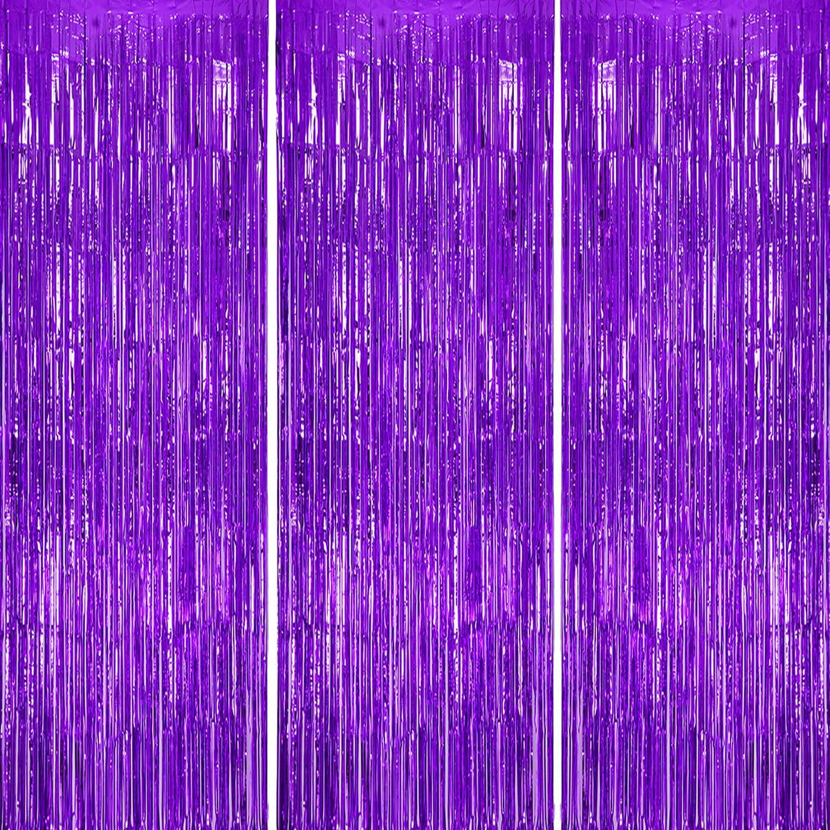 DECOCKRAT purple foil fringe backdrop curtain package front view showcasing three tinsel panels.
