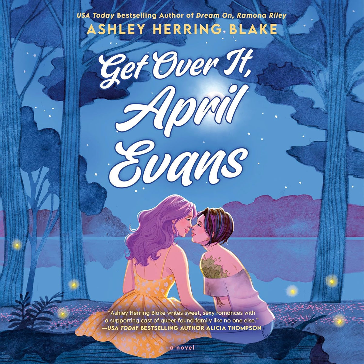 Ashley Herring Blake Get Over It April Evans audiobook cover art front view featuring a colorful lake resort illustration.