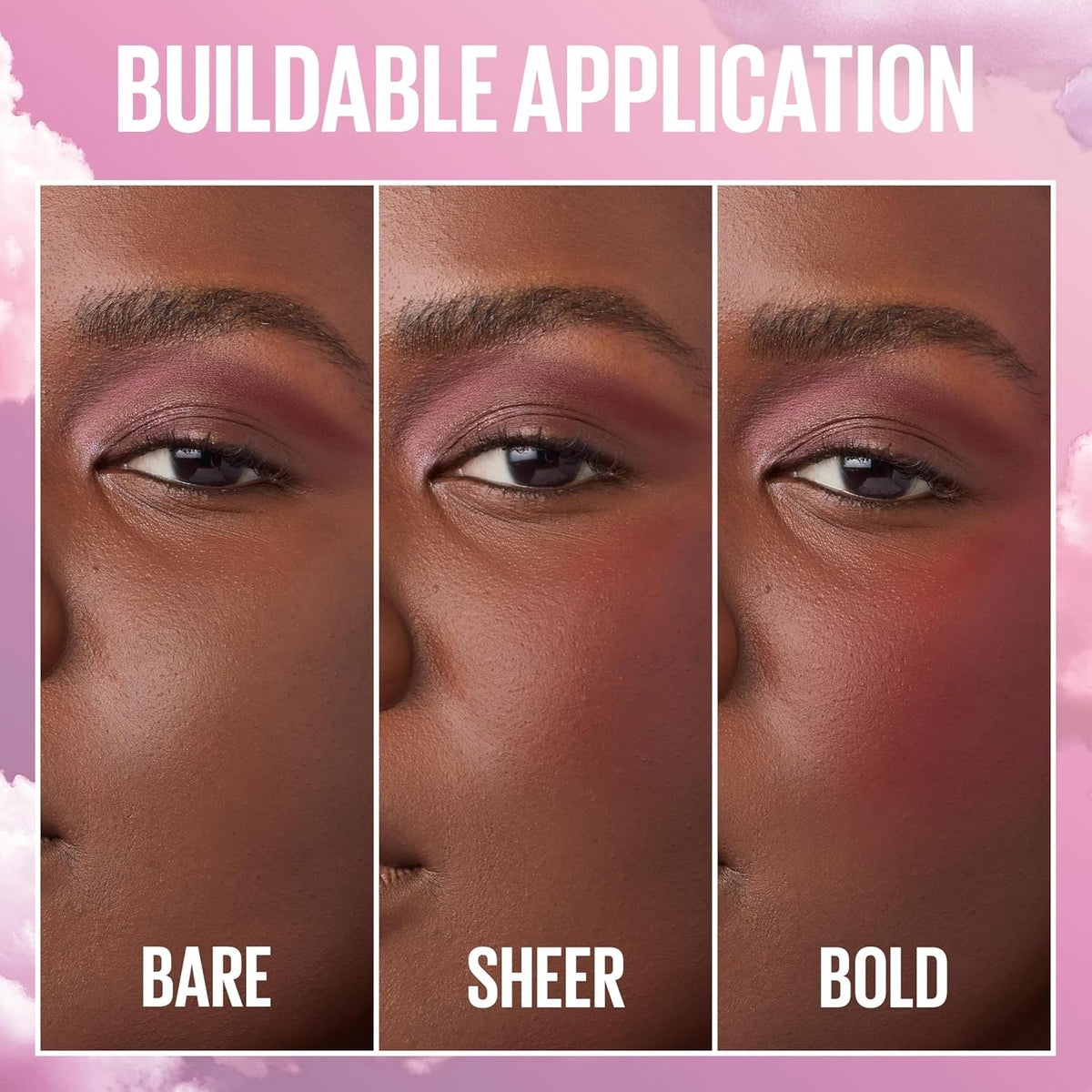 Blurred matte finish effect of Maybelline Cloudtopia on cheeks