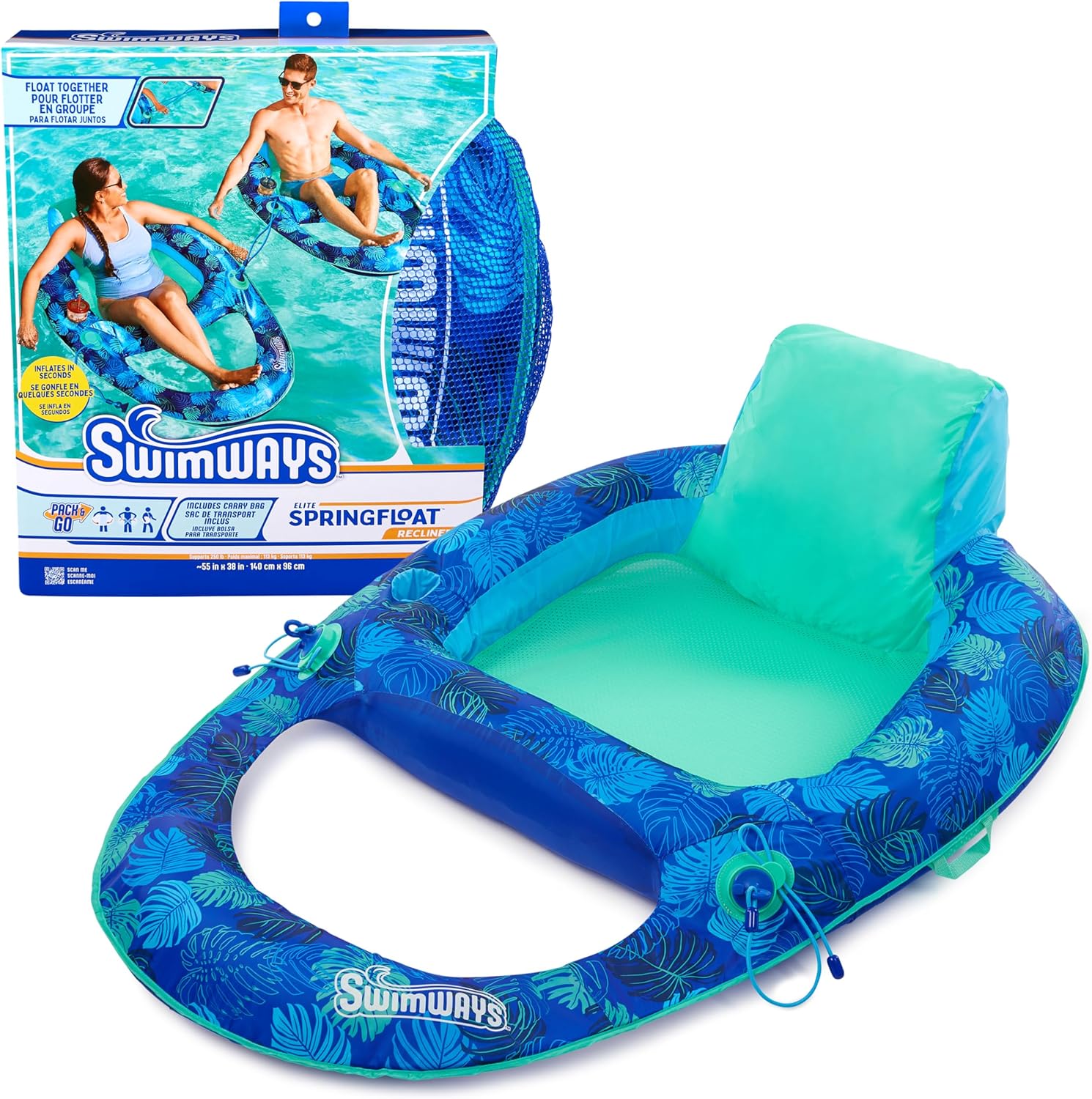 SwimWays Elite Spring Float Recliner front view displaying the ergonomic backrest and blue leaf pattern.