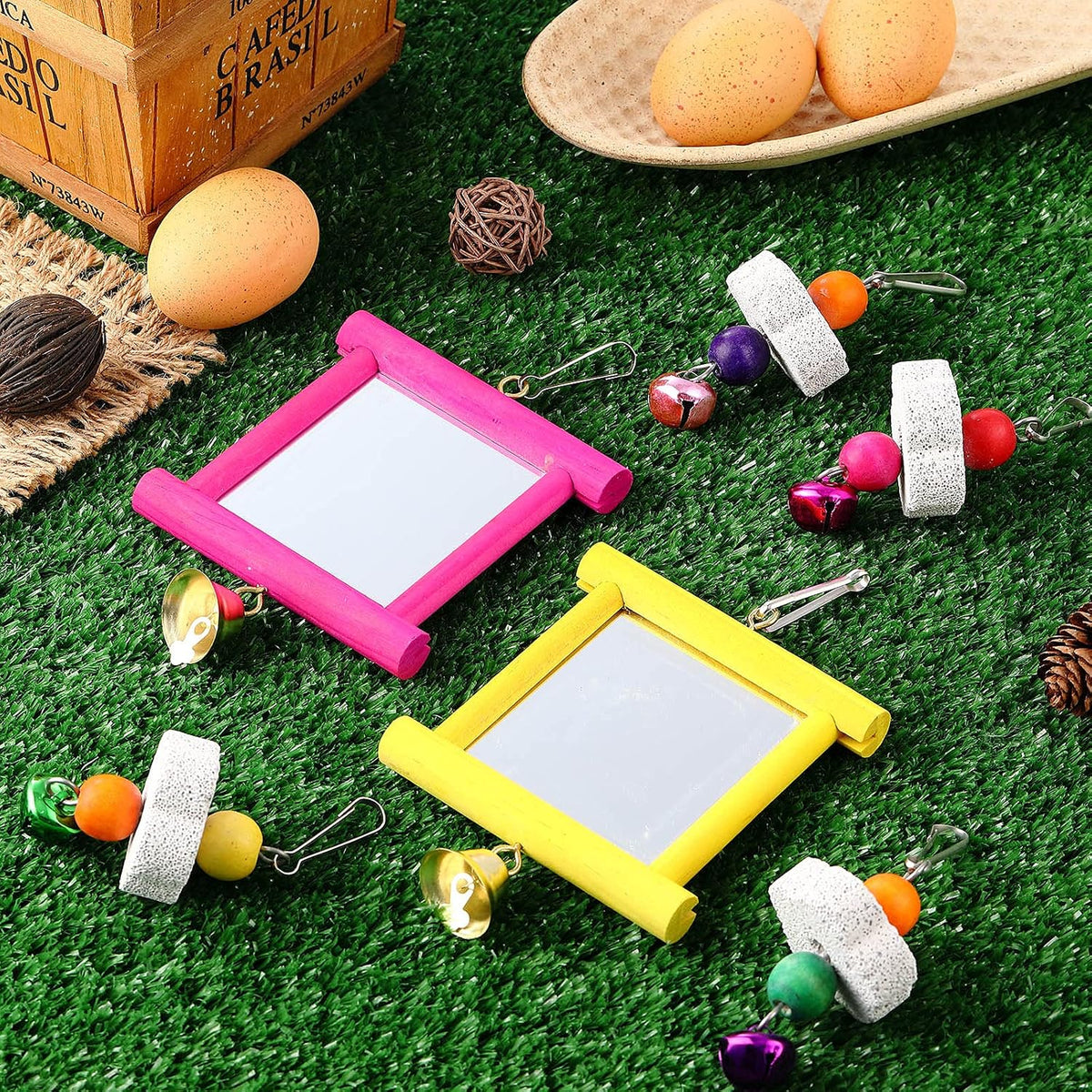 Sumind wooden frame bird mirror toy with hanging hook