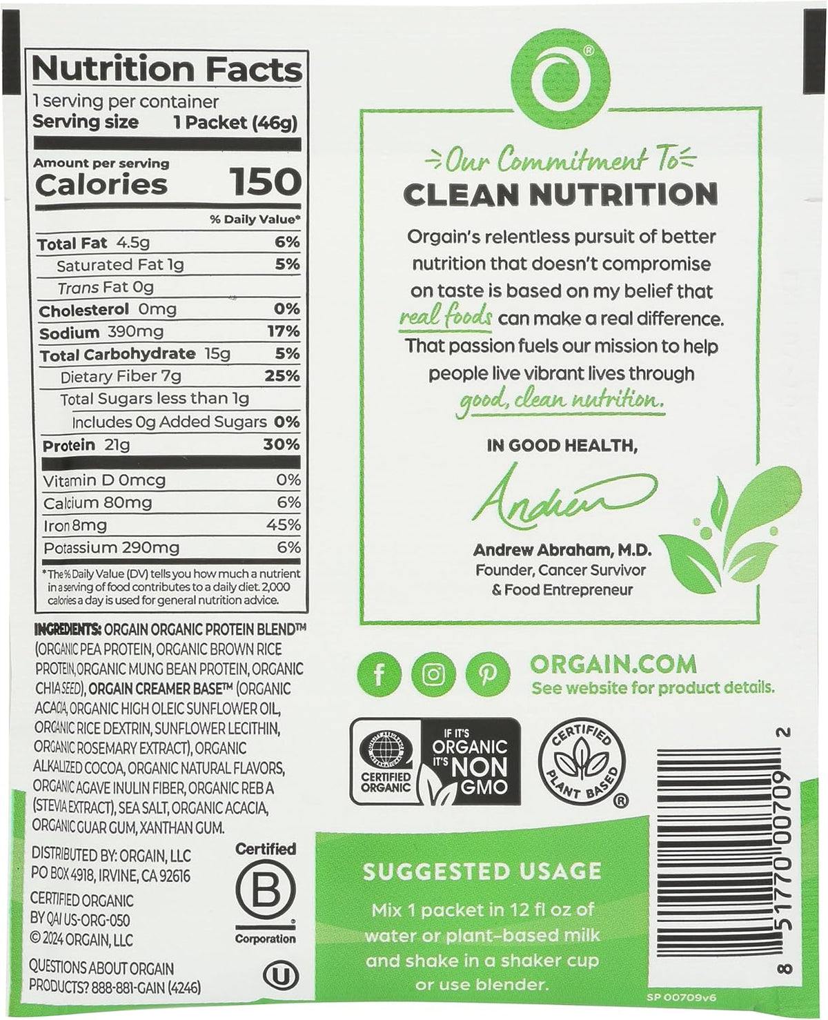 Orgain creamy chocolate fudge single serve protein packet showing nutritional facts