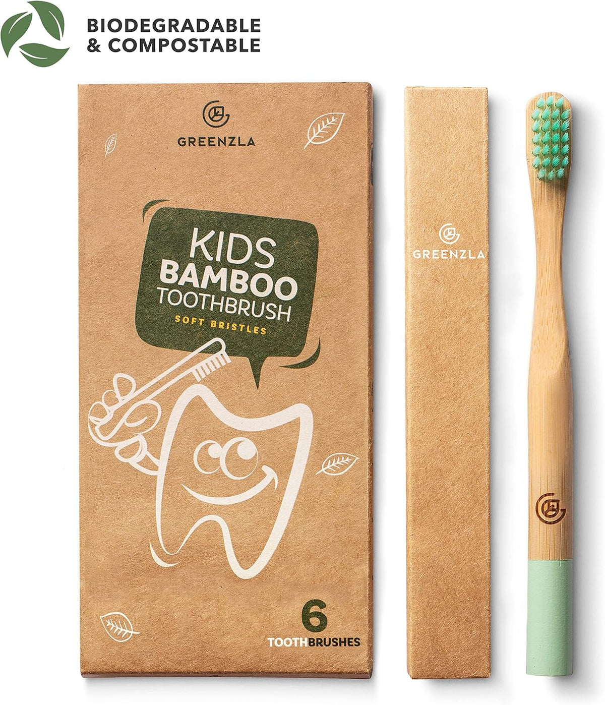 Greenzla six pack wooden toothbrushes displayed in box