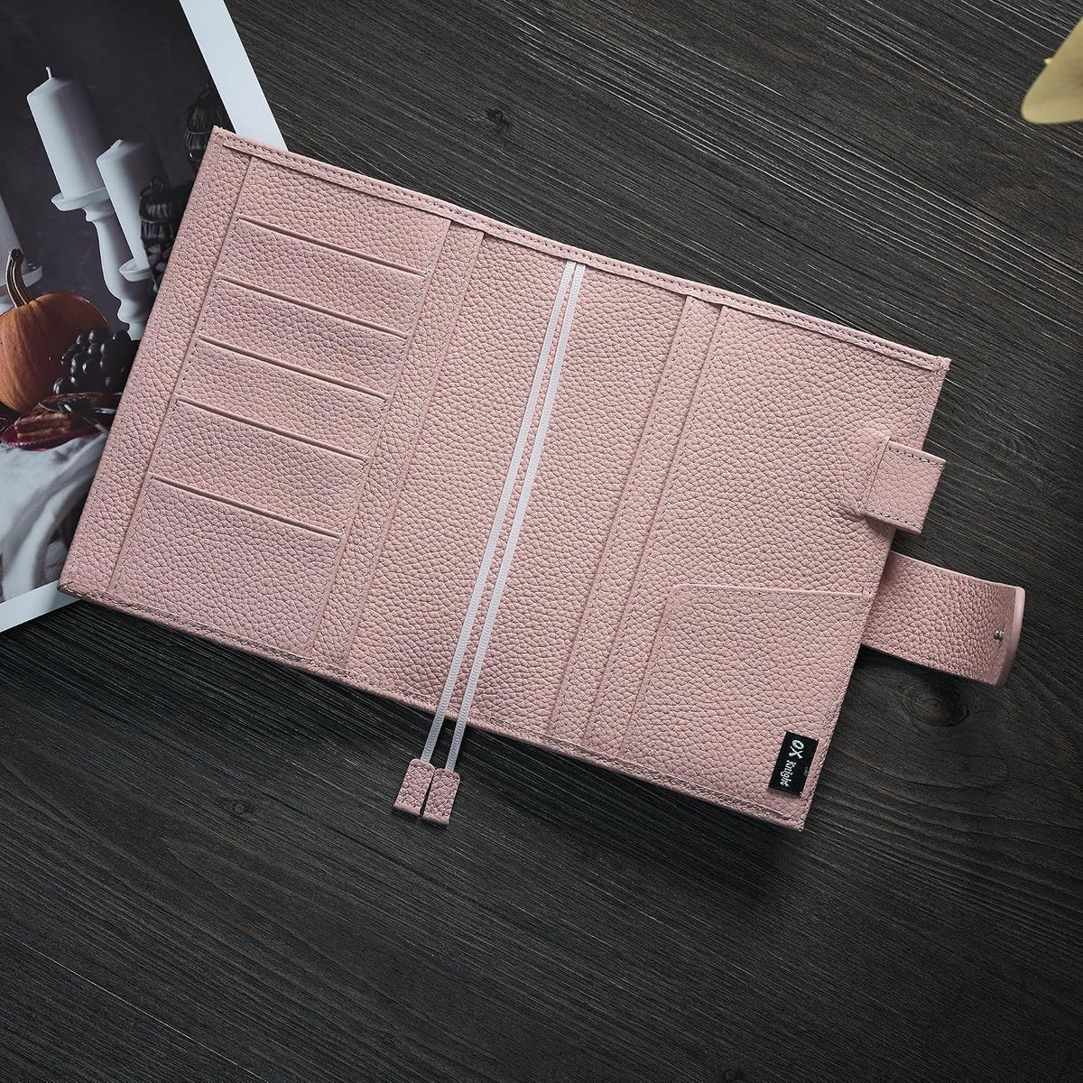 Ox Knight pink A6 leather planner cover open interior layout