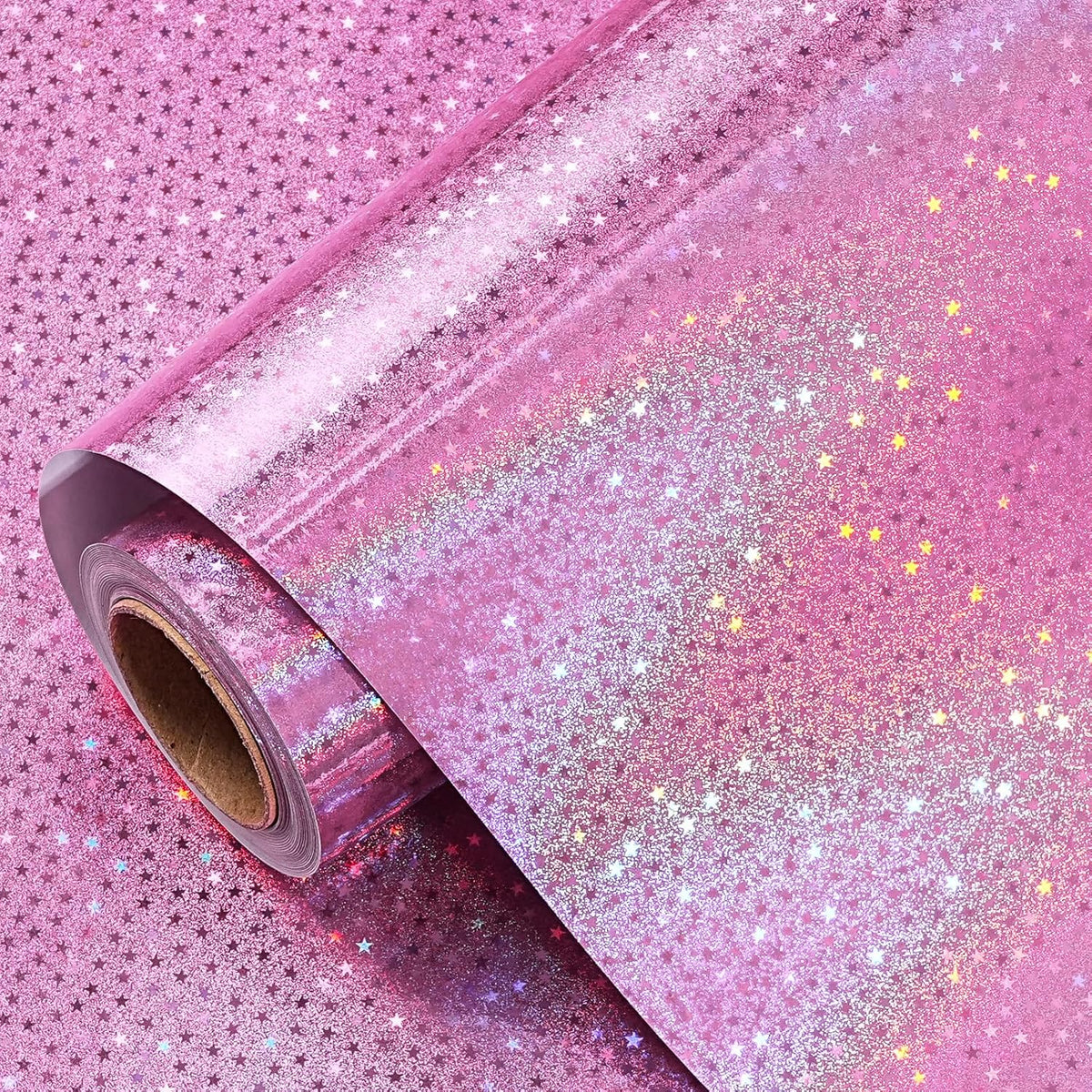 RUSPEPA Pink Holographic Wrapping Paper Roll front view showcasing metallic stars on pastel pink background