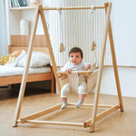 Avenlur Spruce baby swing set front view featuring premium self standing wooden pine frame with beige canvas seat