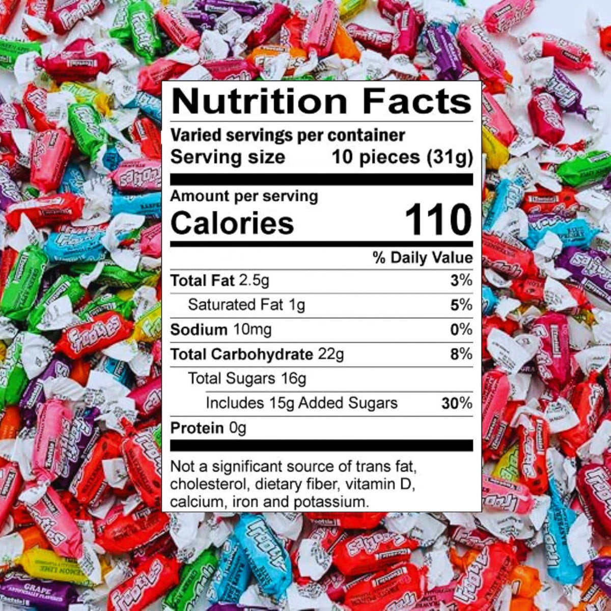 Tootsie Roll Frooties 10 assorted fruity flavors individually wrapped pieces spread out