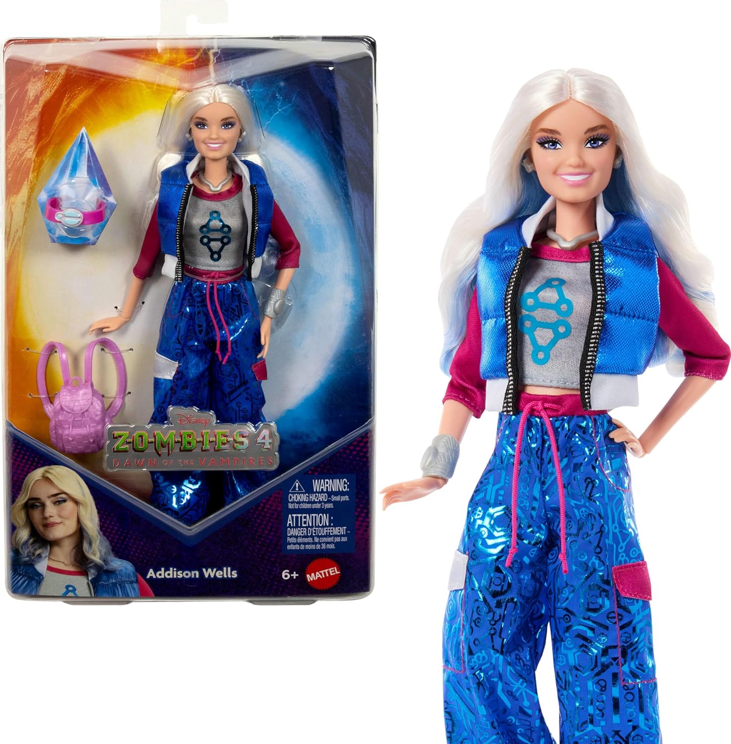 Mattel Disney Zombies 4 Addison Wells fashion doll front view wearing blue and black jumpsuit