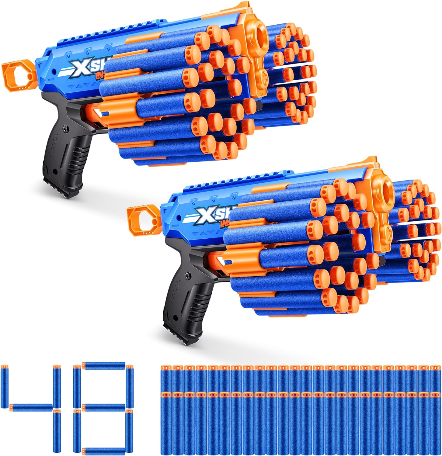 XSHOT Insanity Manic Blaster Dual Pack front view showing two orange and blue foam toy guns.