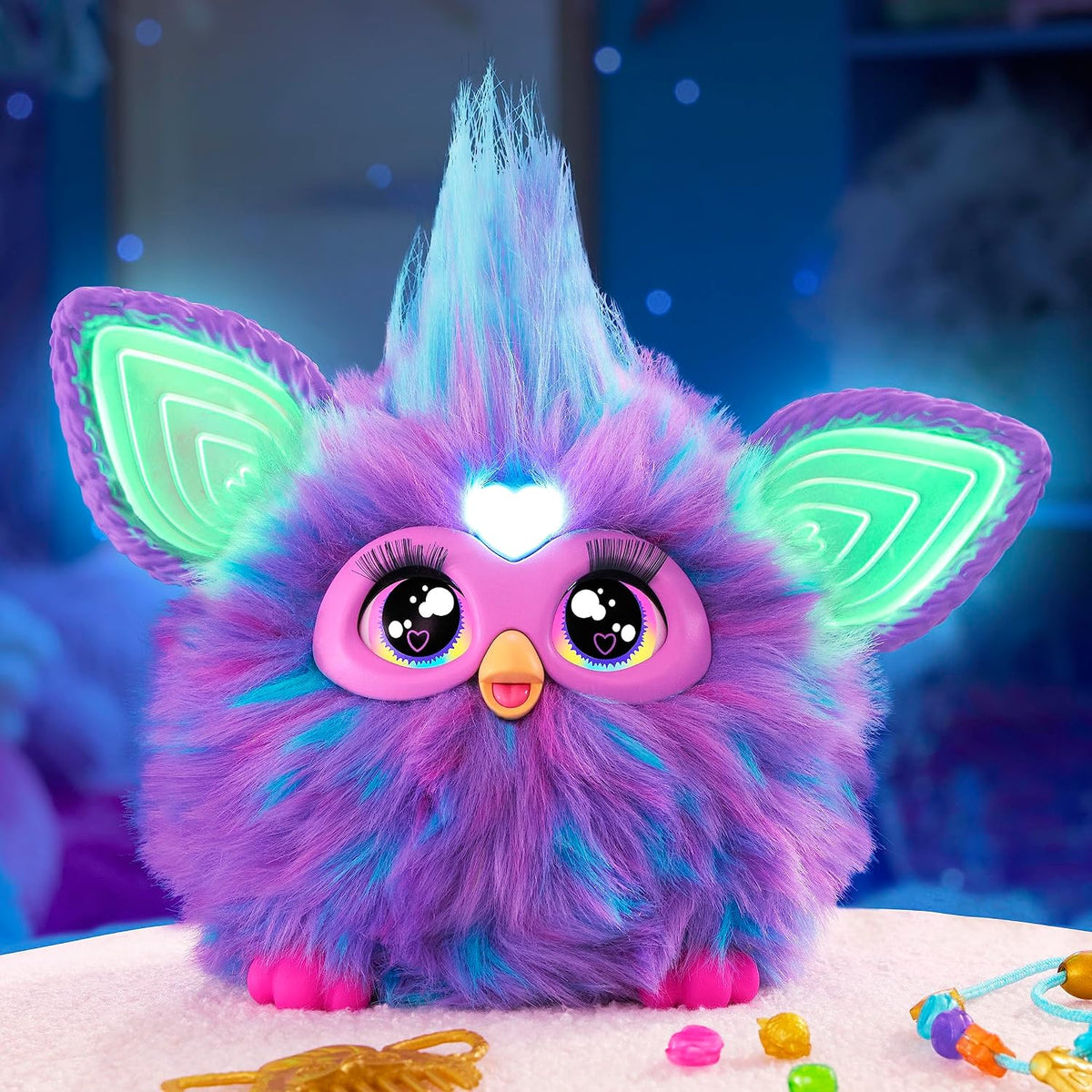 Furby purple toy packaged with 15 fashion items