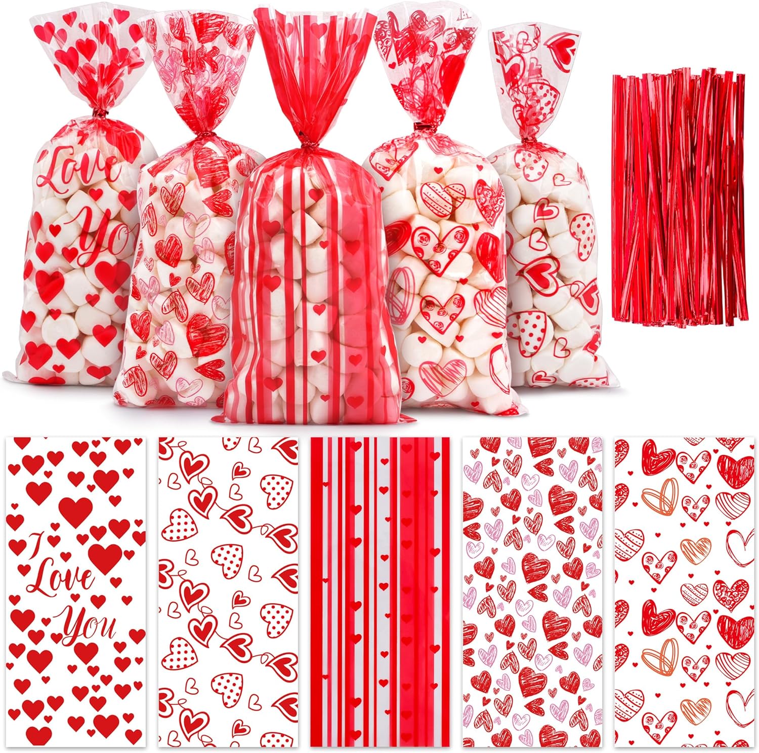 Lxzyu Valentine Cellophane Bags front view showing fifty pieces of clear heart printed goodie treat bags with red twist ties.