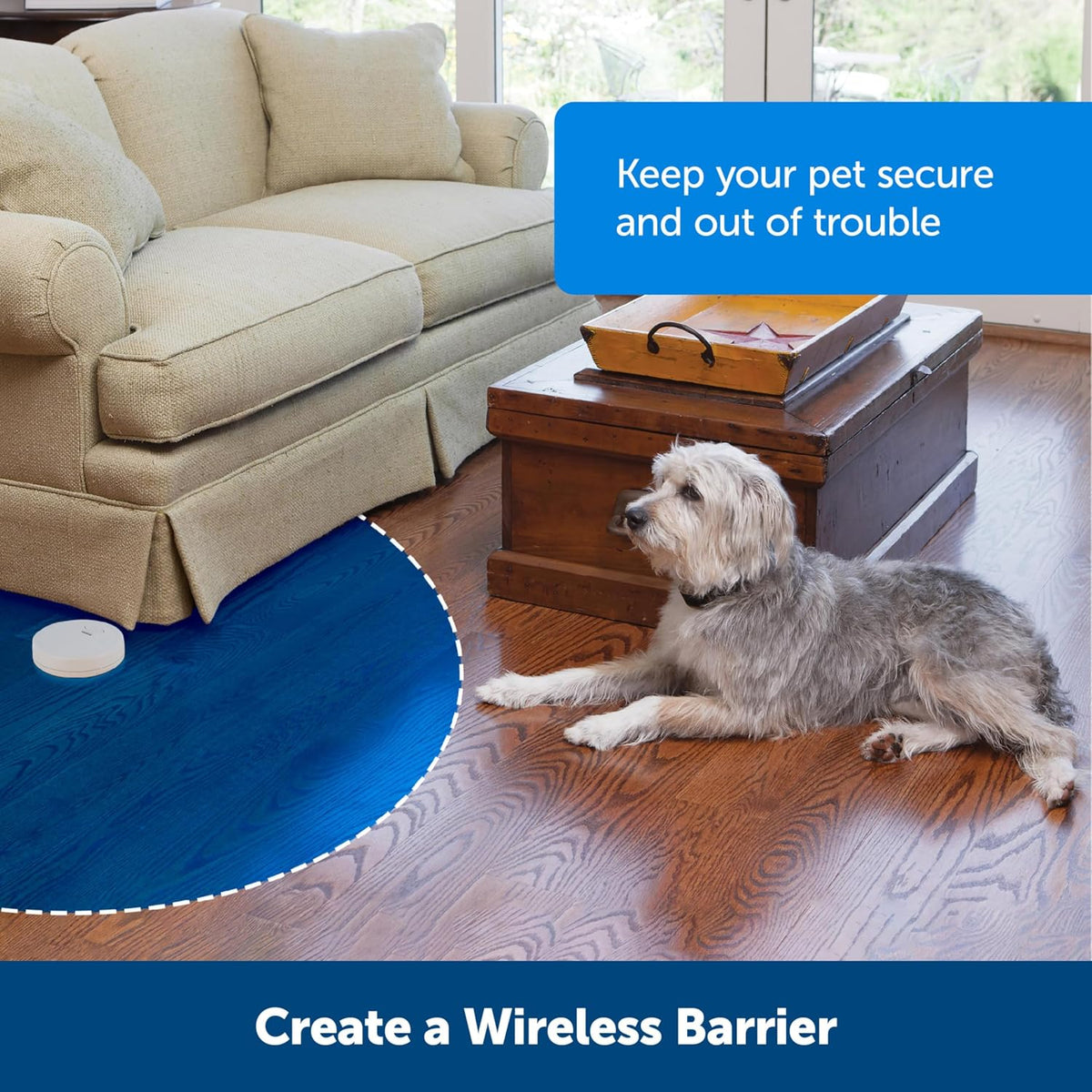 Adjustable range electronic indoor pet barrier transmitter showing battery compartment.