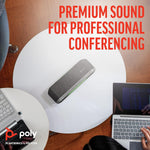 Poly Sync 40 smart speakerphone showing USB-A USB-C integrated cable attachment